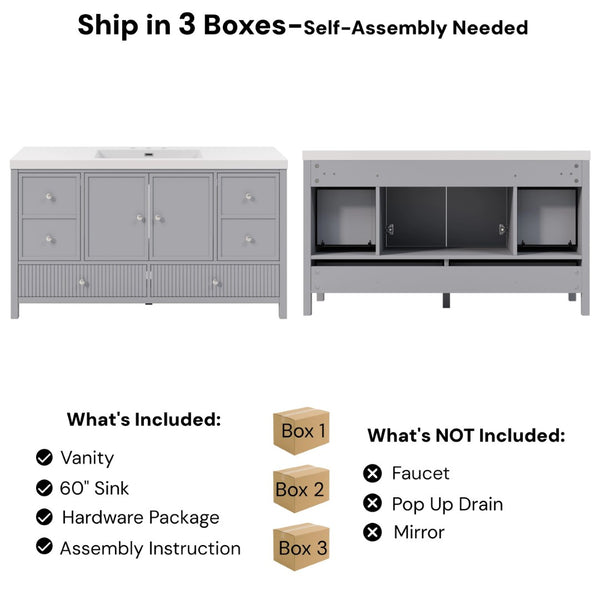 English Elm 60" Freestanding Bathroom Vanity Fluted Fronts Soft Close Drawers Drop-in Sink Blue Gray N817P404100B