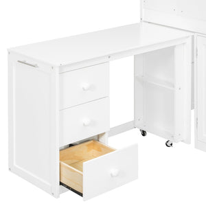 English Elm Twin House Loft Bed with Pull Out Rolling Desk Stair Drawers and Cabinet Storage White N820S00072K