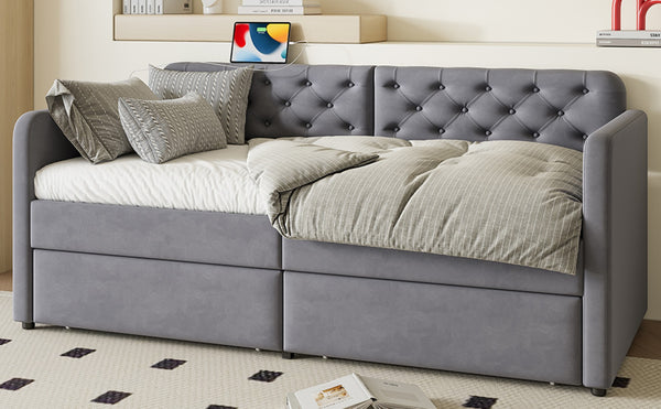 English Elm Twin Velvet Daybed with Storage Drawers Tufted Sofa Bed for Guest or Studio Rooms W1670P410536