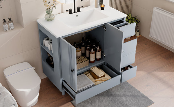 English Elm 36" Freestanding Bathroom Vanity Solid Wood Cabinet Ceramic Basin Four Drawers White W1580P382509