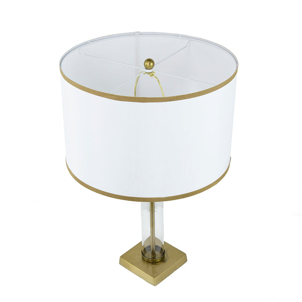 English Elm 16x16x24" Gold and White Table Lamp with Glass Cylinder, Pedestal Base & White Drum Shade — Elegant Bedside Accent ламп W2078P399251