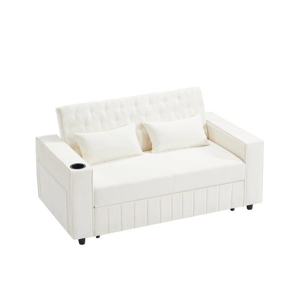 English Elm 61.4" Pull-out Sofa Bed Loveseat with Adjustable 3-Position Backrest, USB Ports, Cup Holders, Storage Rack Beige N719S001900A