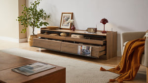 English Elm Christopher Knight Home® - Mirod Modern TV Stand with 4 Drawers, Tempered Glass Top, Built-In Charging Ports & LED Lighting Walnut N760P255436Z