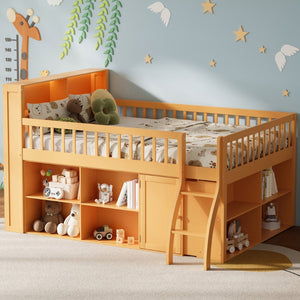 English Elm Full Size Kids Loft Bed with Led Headboard Open Shelving and Natural Wood Frame Natural N7090005024N