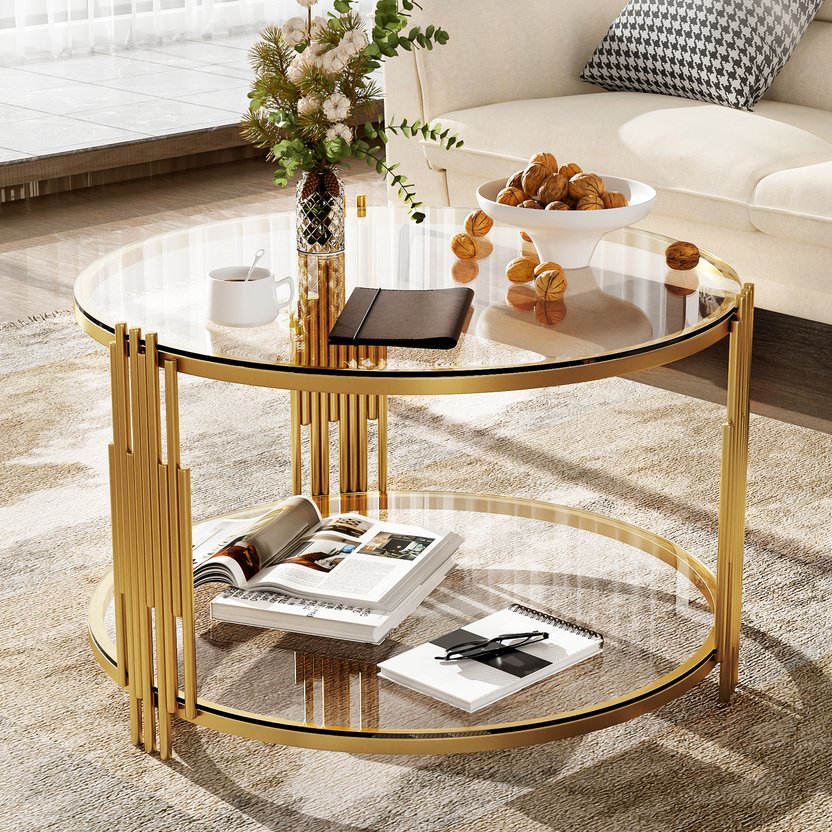 English Elm Modern Glass Coffee Table 31.5" – Asymmetrical Gold Metal Drum Base, Tempered Clear Top & Lower Shelf N735P177478K