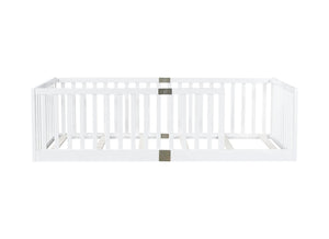 English Elm Twin House Frame Floor Bed Rubberwood with Roof Canopy and Safety Rails for Kids White W504P429530