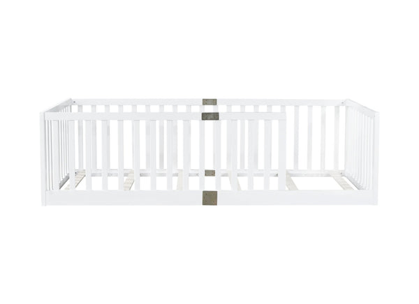 English Elm Twin House Frame Floor Bed Rubberwood with Roof Canopy and Safety Rails for Kids White W504P429530