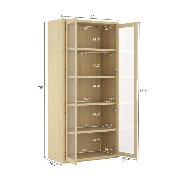 English Elm Rivington 38" Natural Oak Bookcase Cabinet With Glass Doors & Adjustable Shelves For Modern Living B365S00017-GIGA