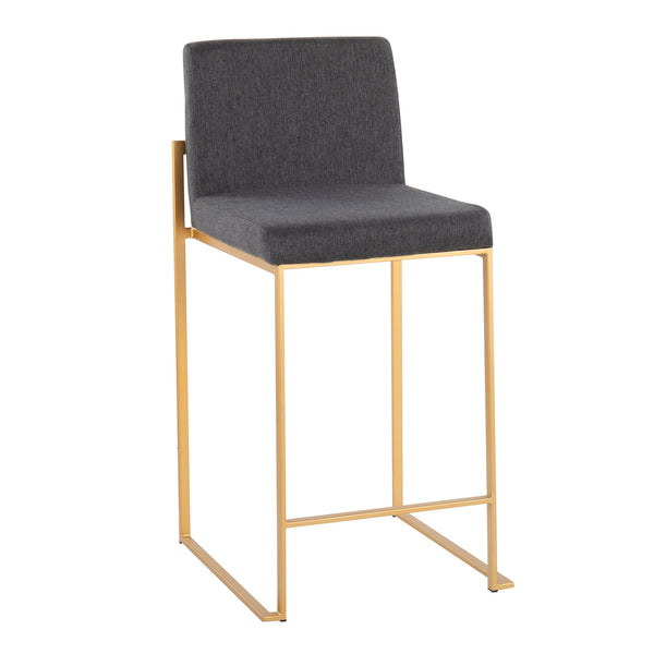 English Elm Fuji Contemporary High Back Counter Stools Set Of 2 - Gold Steel Frame & Charcoal Upholstery Elegance B202P221942