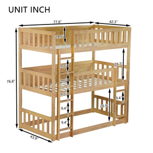 English Elm Twin Triple Rubberwood Bunk Bed with Ladders & Guardrails, Space-Saving Modular Design for Families White Oak W504S00172