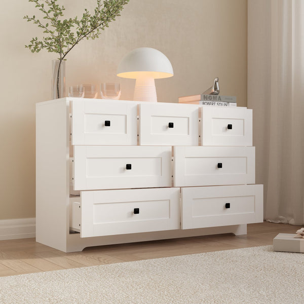 English Elm Chest Of Drawers - 7-Drawer Ancient White Storage Solution With Farmhouse Charm & Versatility W2139P241088