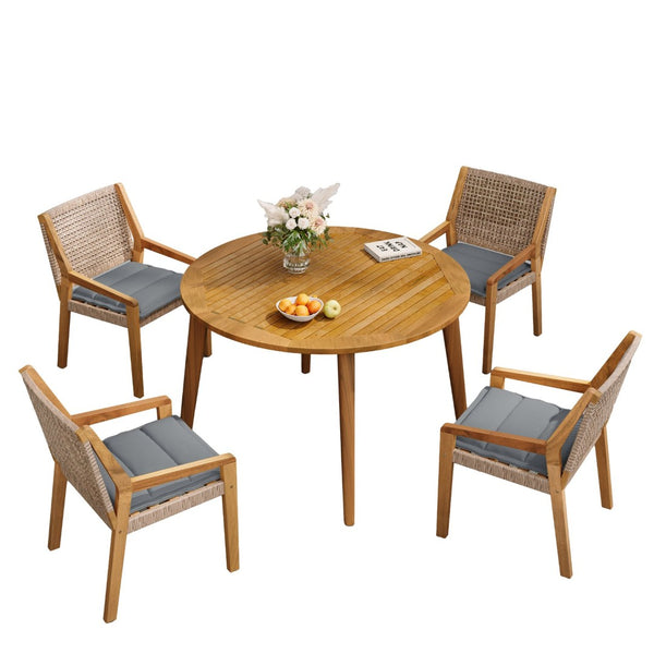 English Elm Modern Acacia Wood Round Patio Dining Set with Wicker Armchairs and Uv Resistant Cushions N770PS597R119
