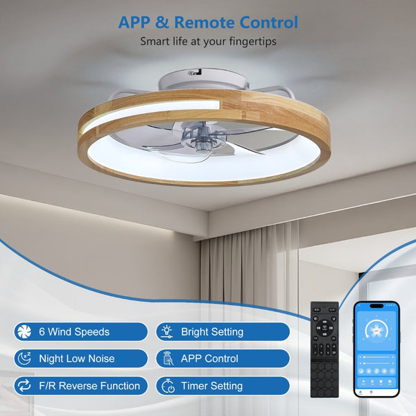 English Elm 20 Inch Flush Mount Ceiling Fan Wooden Frame Led Light Remote 6 Speed Bedroom W2312P475728