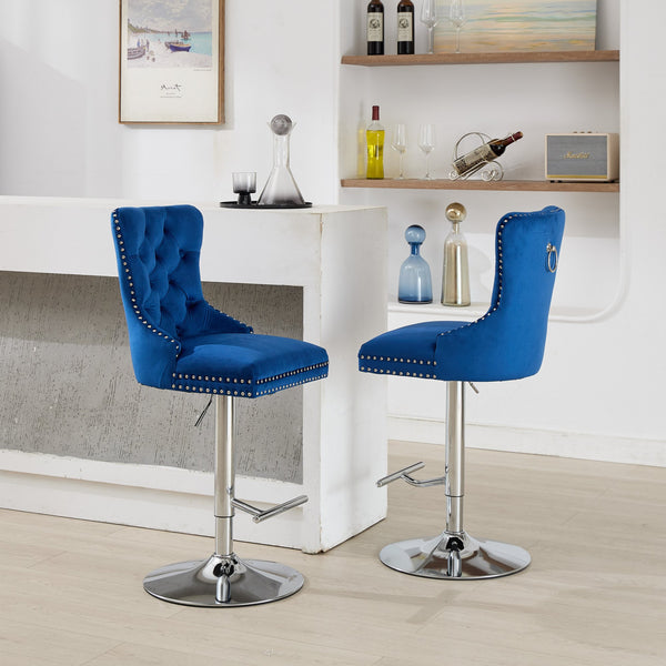 English Elm Thick Velvet Swivel Barstools with 17.7" Chrome Base, Tufted Diamond Pleating, Comfort Foam Seats Blue W1143P335044