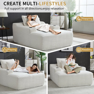 English Elm 67" Corduroy Oversized Chaise Sleeper Sofa Deep Seat Boneless Lounge with Cup Holder Pillows White W1803P409263