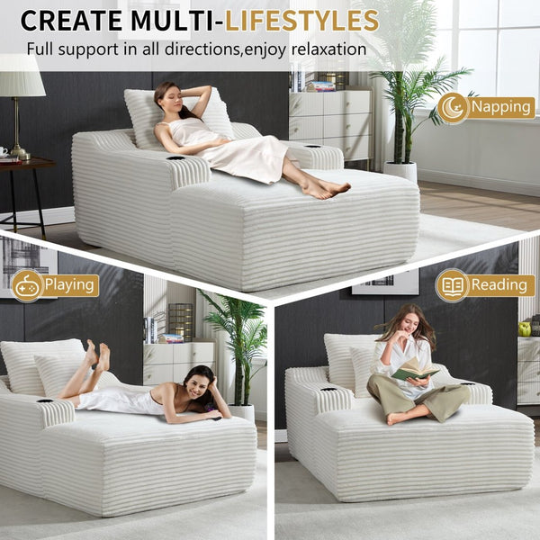 English Elm 67" Corduroy Oversized Chaise Sleeper Sofa Deep Seat Boneless Lounge with Cup Holder Pillows White W1803P409263