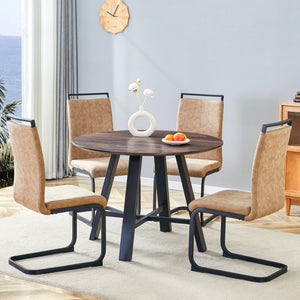 English Elm Table 5-Piece Modern Minimalist Dining Set With Round 42-Inch Top, 4 Brown Fabric Chairs & Black Legs W1151S03755-GIGA