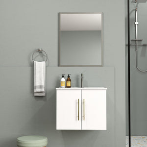 English Elm 24-Inch Wall-Mounted Bathroom Vanity & Mirror Combo - Modern Glossy White, Gold Handles, Soft Close W3151S00033