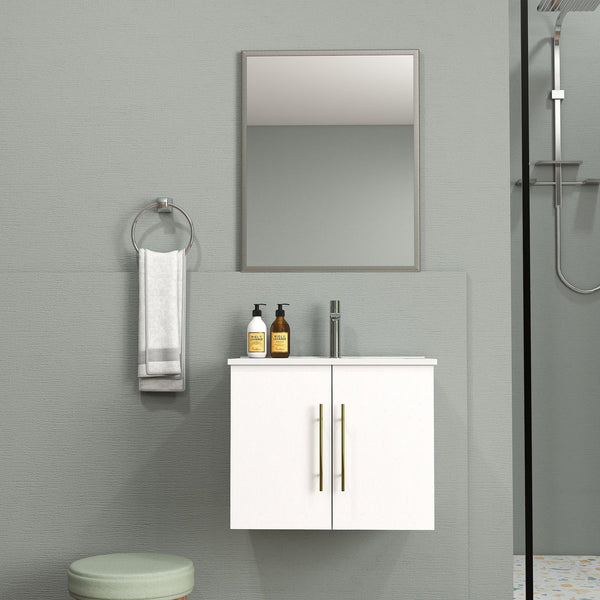 English Elm 24-Inch Wall-Mounted Bathroom Vanity & Mirror Combo - Modern Glossy White, Gold Handles, Soft Close W3151S00033