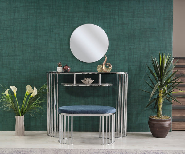 English Elm Garry Oval Fabric Ottoman with Chrome Legs — Plush Upholstery, Compact Modern Seat for Living Spaces Blue B029P333528