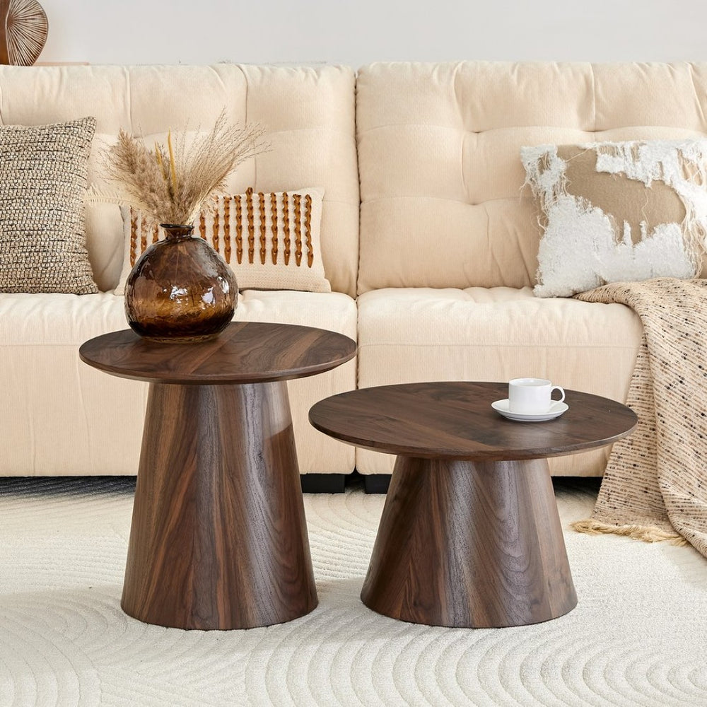 English Elm Nested Round Coffee Table Set with Wood Grain Mdf Top for Modern Living Rooms Walnut W2920S00116