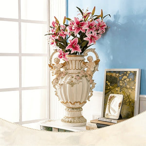English Elm 28.35" Baroque Resin Cherub Vase with Gold Trim Rococo Relief Sculpture for Entryway W5709P462888