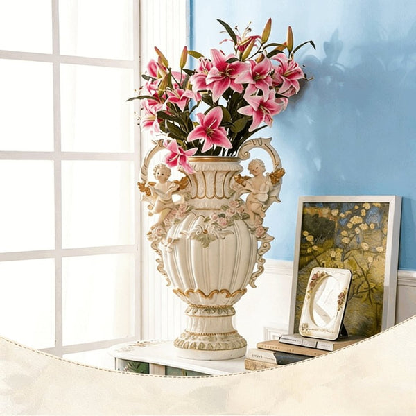 English Elm 28.35" Baroque Resin Cherub Vase with Gold Trim Rococo Relief Sculpture for Entryway W5709P462888