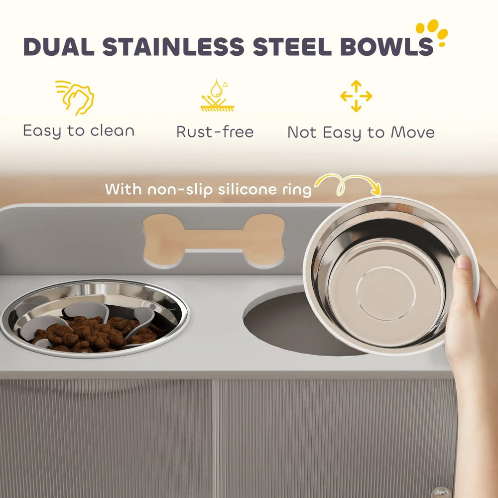English Elm Pet Feeder Station with Mdf Storage Cabinet and Raised Stainless Steel Bowls for Large Dogs T3971P415004