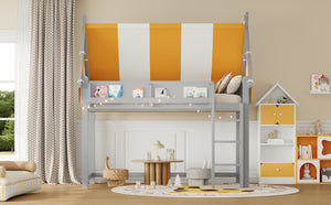 English Elm Twin Solid Wood Loft Bed with Led Lights Canopy Bookshelf for Kids Bedroom Gray N7090002241E