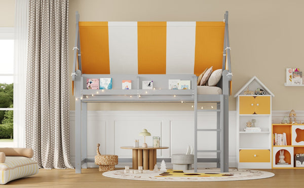 English Elm Twin Solid Wood Loft Bed with Led Lights Canopy Bookshelf for Kids Bedroom Gray N7090002241E