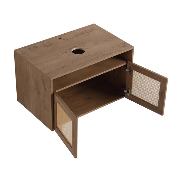 English Elm 30" Floating Bathroom Vanity Set with Ceramic Vessel Sink and Rattan Side Cabinet W999S00496