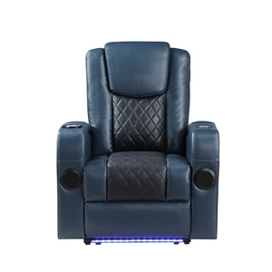 English Elm Alair Blue & Black Leather Aire Power Recliner with Bluetooth, Wireless Charger, Cooling Cupholder & Storage B2726P321025
