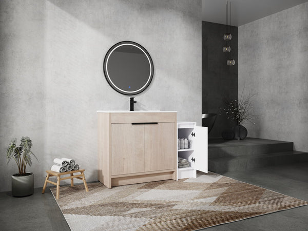 English Elm 48 Inch Freestanding Bathroom Vanity With Ceramic Sink, Soft-Close Doors & Ample Storage Solutions W999S00306
