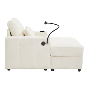 English Elm Modern Multifunctional Armchair with Chaise Lounge, Hidden Ottoman Storage, USB Ports & Cup Holders Beige N719P292700A