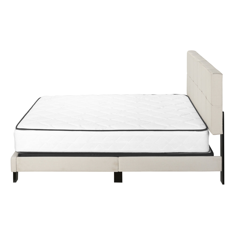 English Elm Bed, Queen Size Upholstered Beige Linen Look Platform Bed with Tufted Headboard & Black Wood Legs B2710P219505