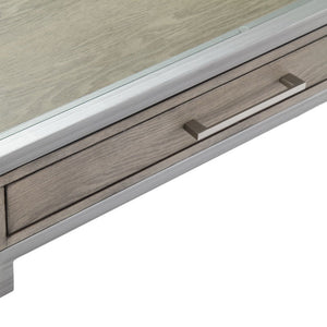 JLA Home Madison Park - Writing Desk with Tempered Glass Top, Brushed Silver Metal Frame, Minimalist Drawer & Open Legs MP122-0923