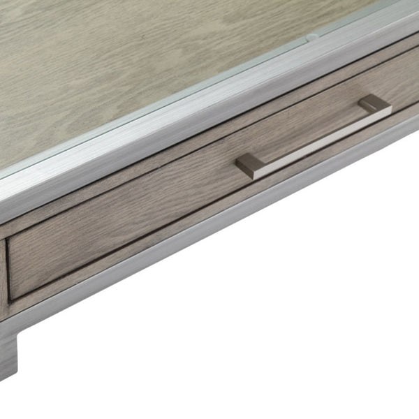 JLA Home Madison Park - Writing Desk with Tempered Glass Top, Brushed Silver Metal Frame, Minimalist Drawer & Open Legs MP122-0923