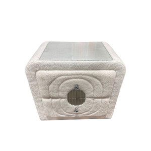 English Elm Shelyn Plush White Teddy Sherpa Nightstand with Glass Top, Crystal Knob & Chrome Accents, 70lb Limit B2726P313164