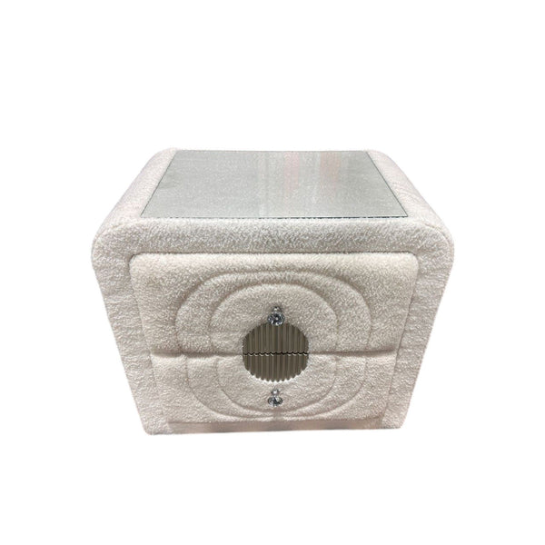 English Elm Shelyn Plush White Teddy Sherpa Nightstand with Glass Top, Crystal Knob & Chrome Accents, 70lb Limit B2726P313164