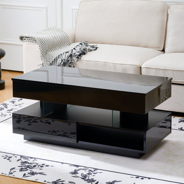 English Elm 39.3" Lift Top Coffee Table with Hidden Storage, 2 Drawers, Adjustable LED Ambience Lights and Durable Lift Mechanism Black W3871P368907