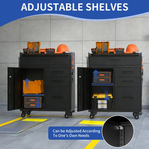 English Elm 34.3" Rolling Steel Tool Cabinet with 3 Drawers Lockable Doors and Pegboard Side Panels T2398P442674