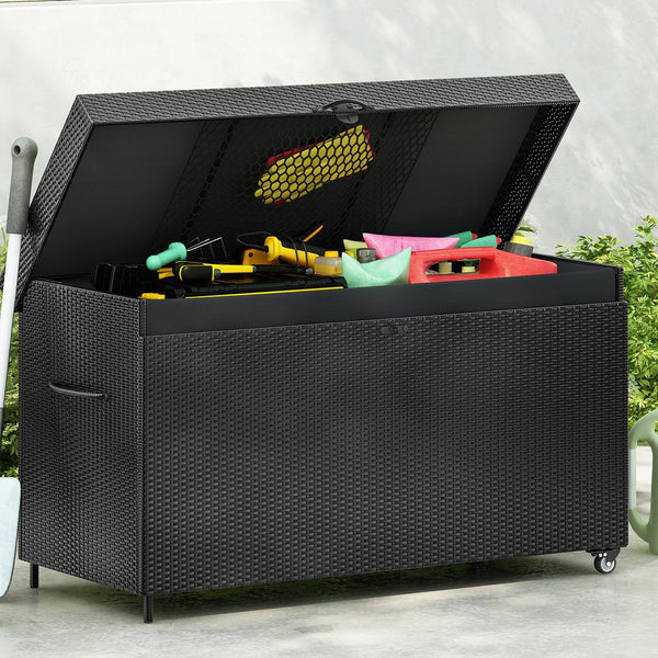 English Elm K&K 200 Gallon Wicker Deck Box with Lockable Lid, Hydraulic Pistons, Wheels, Weatherproof Storage Black N707P245457B