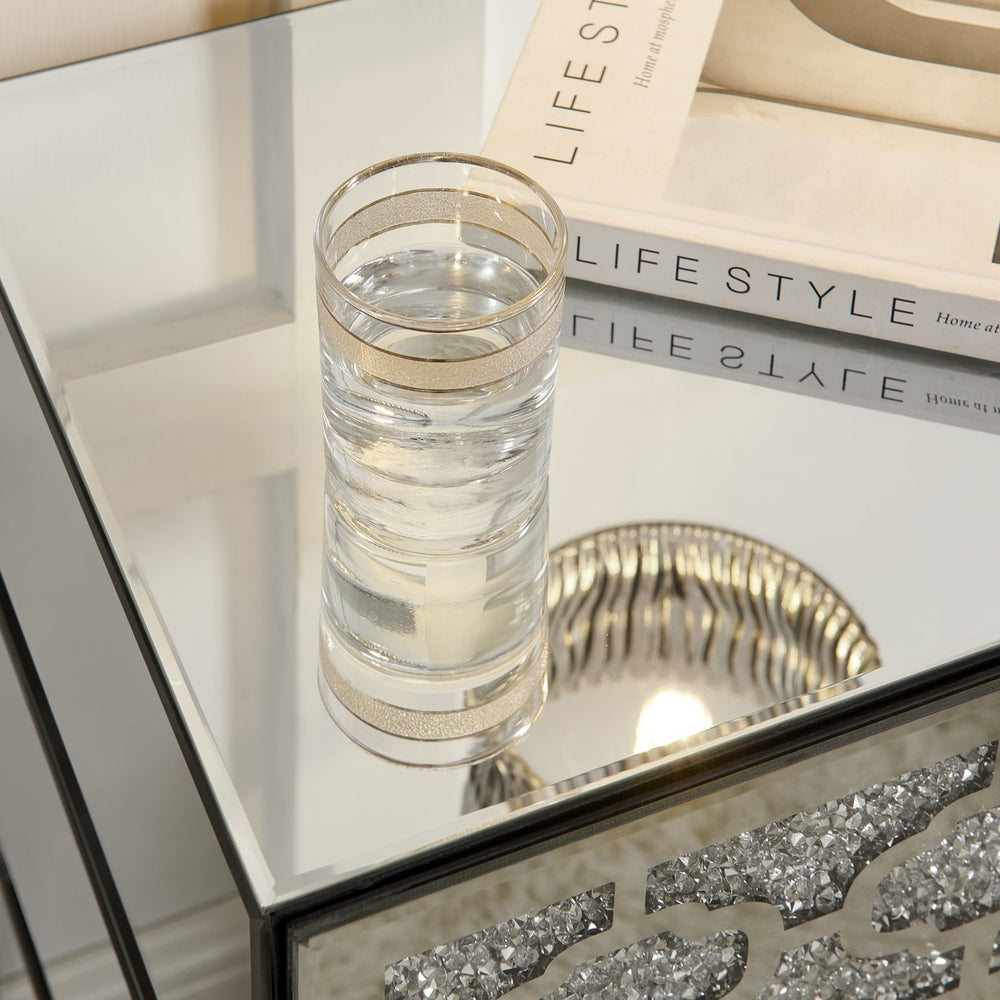 English Elm Mirrored Bedside Nightstand with 3 Drawers, Silver Mirrored End Table with Crystal Handles, Compact Glam Storage W1005P362471