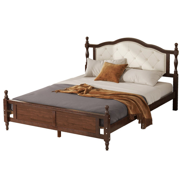 English Elm Queen Pine Upholstered Headboard Bed in Walnut — Modern Minimalist Queen Platform with Dual Support Feet, Space-Saving Design W504P268435