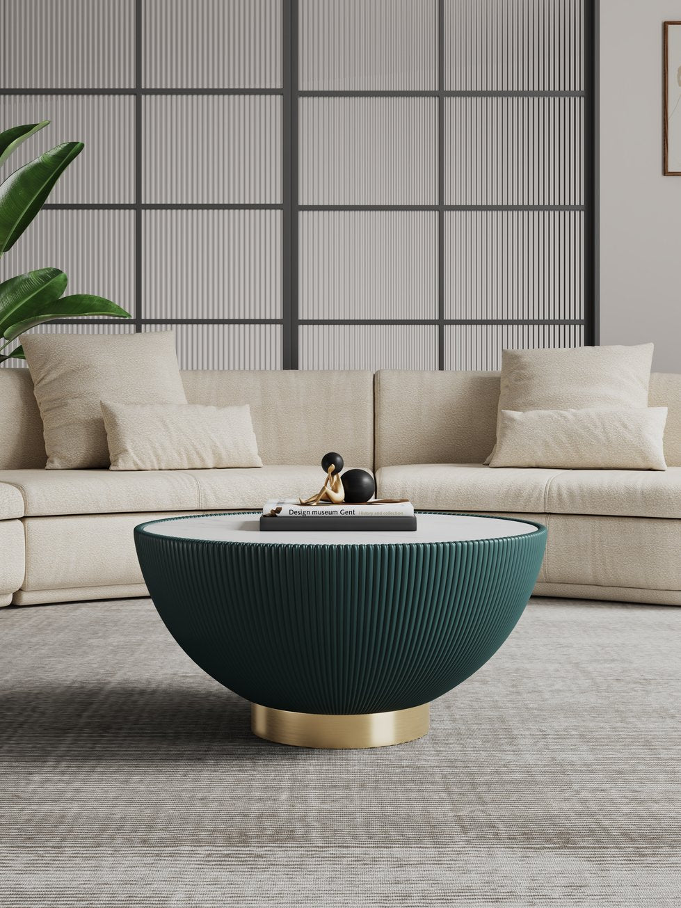 English Elm Anderson Coffee Table With Sintered Stone Top & Pleated Green Upholstery – Modern Elegance Unleashed! B365P398493