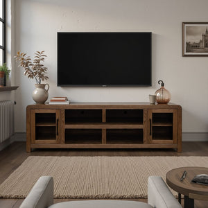 English Elm Haven 82" Fully Assembled Tv Stand With Glass Doors, Stylish Oak Bourbon Finish For Tvs Up To 90" B108P364415