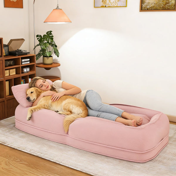 English Elm Upholstered Corduroy Floor Lounger Foldable Sofa Bed with 5 Reclining Positions Pink W2699P410741