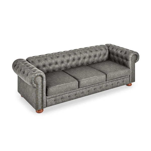English Elm Chesterfield Linen Tufted 3-Seater Sofa with Scrolled Arms and Nailhead Trim, Durable Plywood Frame Dark Gray W1413S00095