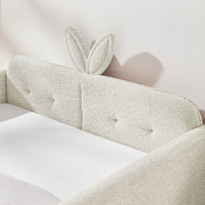 English Elm Full Size Boucle Platform Bed Whimsical Rabbit Ear Headboard with Safety Rail Beige W1413S00135