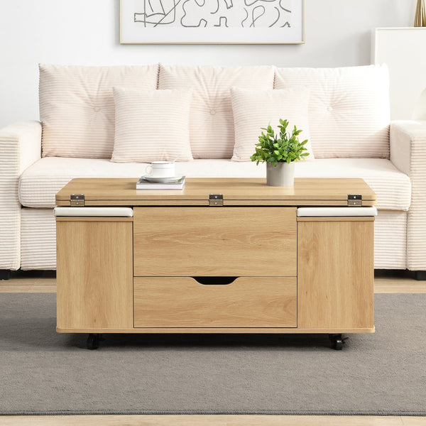 English Elm Christopher Knight Home® - Multi-Functional Lift-Top Coffee Table with Hidden Storage, 4 Stools, Lockable Casters & Desk Space Natural+White N770P309783N
